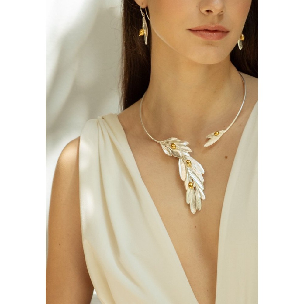 Athena Olive Necklace statement, with flexible  wire, 24K Gold and sterling silver  