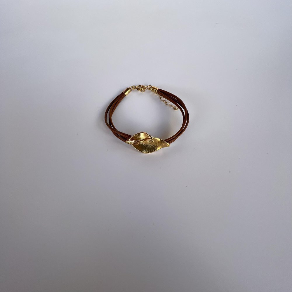 Tinos Jasmine Bracelet  leather, 24K Gold vermeil on sterling silver  