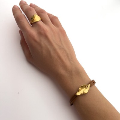 Tinos Jasmine Bracelet  leather, 24K Gold vermeil on sterling silver  
