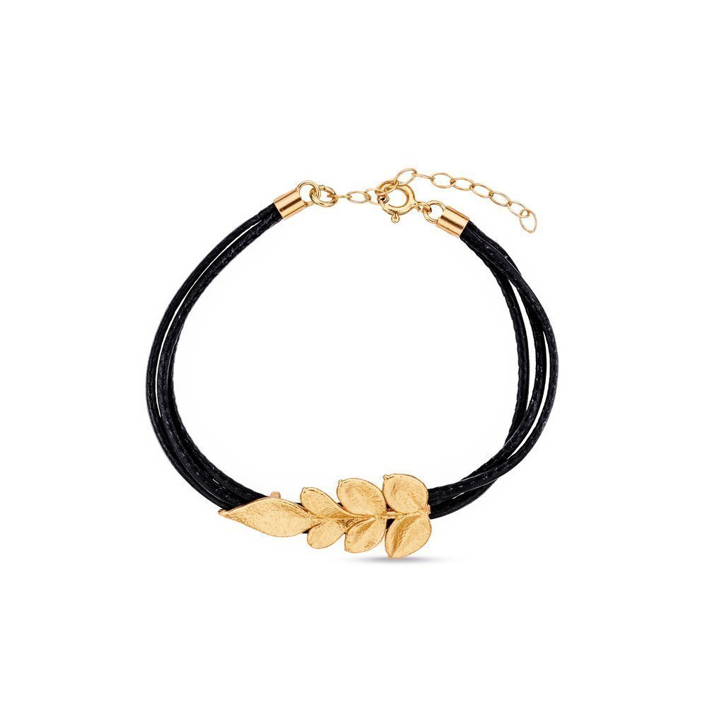 Memories Jasmine Bracelet  with leaves, leather, 24K Gold vermeil on sterling silver  