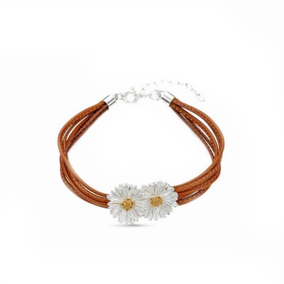 Daisy Field Daisy Bracelet  double flower, leather, 24K Gold and sterling silver  