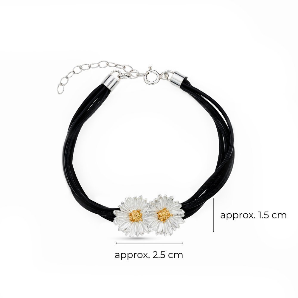 Daisy Field Daisy Bracelet  double flower, leather, 24K Gold and sterling silver  