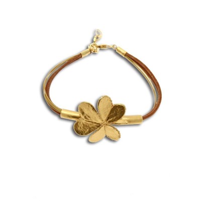 Fortuna Trefoil Bracelet  leather, 24K Gold vermeil on sterling silver  