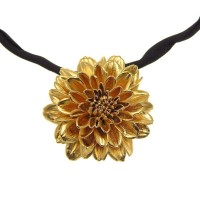Crysanthe Chrysanthemum Pendant  leather, with detachable motif, 24K Gold plated  