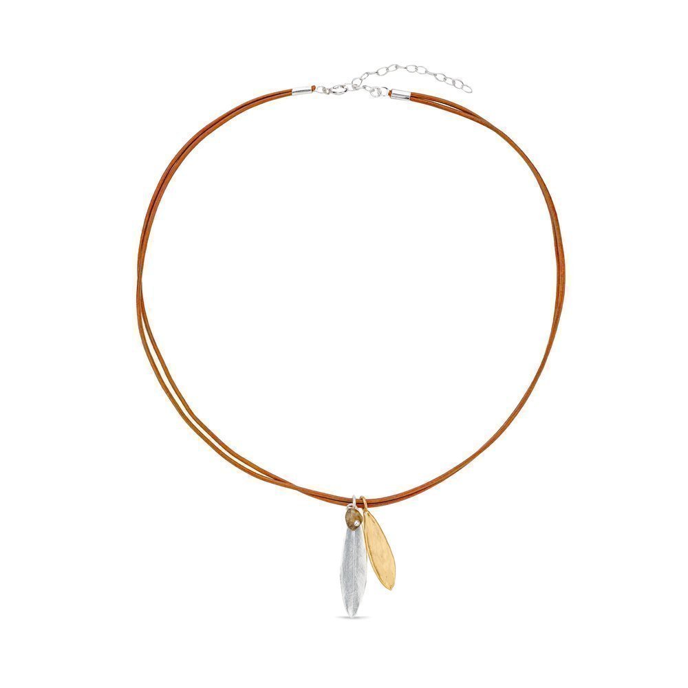 Athena Olive Pendant  leather, 24K Gold and sterling silver  