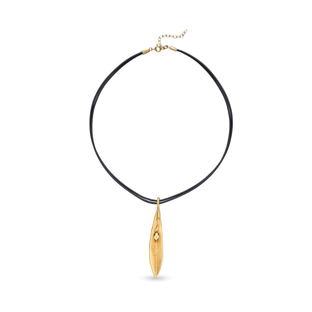 Athena Olive Pendant  leather, with detachable motif, 24K Gold vermeil on sterling silver  
