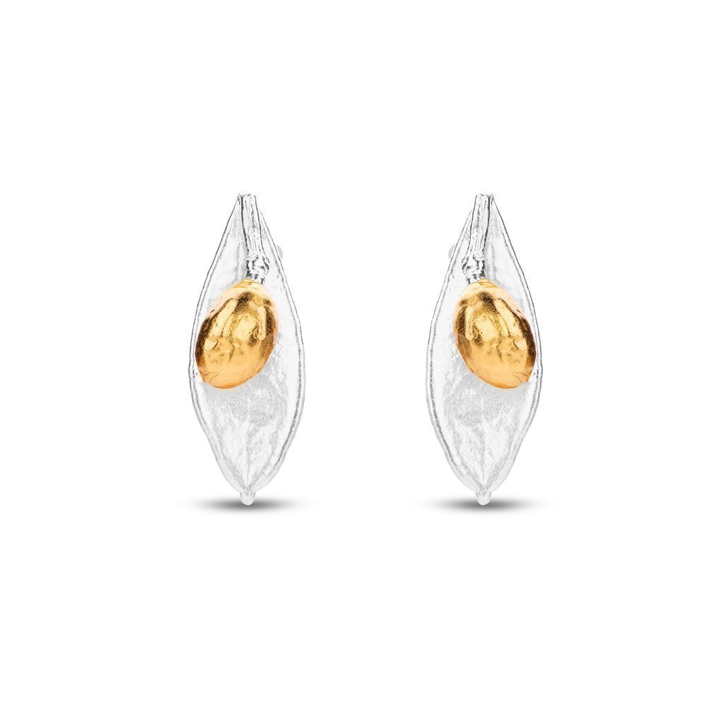 Athena Olive Earrings  leaf with fruit, studs, 24K Gold and sterling silver  