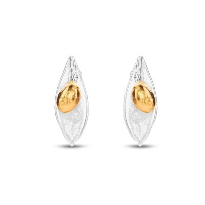 Athena Olive Earrings  leaf with fruit, studs, 24K Gold and sterling silver  