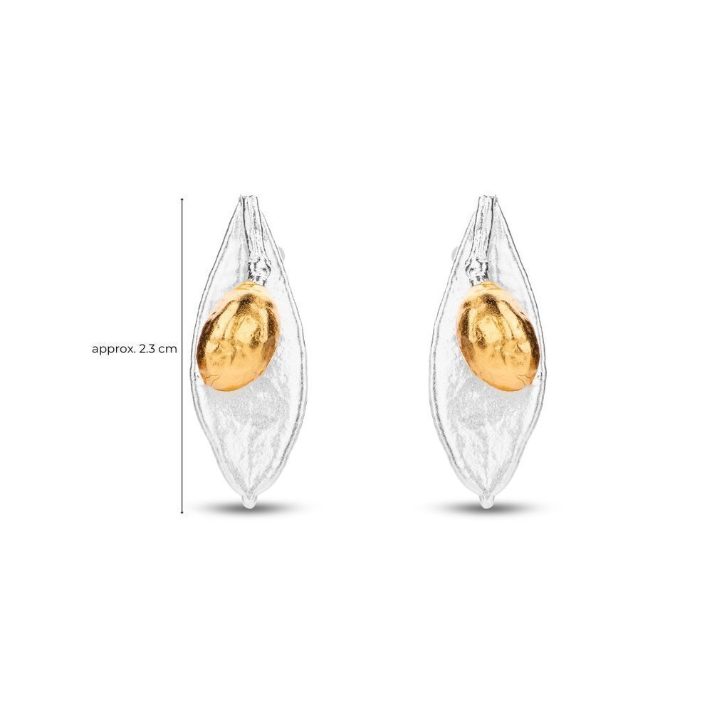 Athena Olive Earrings  leaf with fruit, studs, 24K Gold and sterling silver  