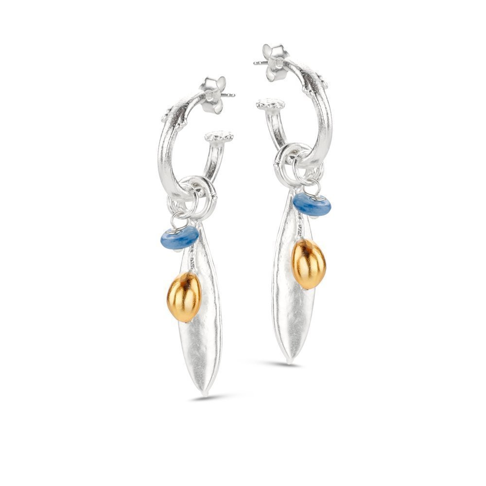 Athena Olive Earrings  hoops medium, detachable charms, drops & dangles,  24K Gold and sterling silver Kyanite 