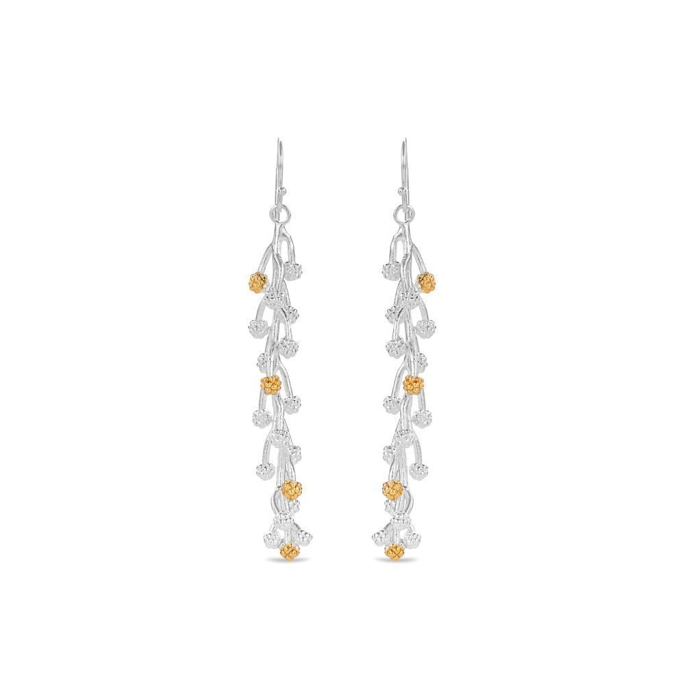 Mimosa Earrings statement, L, drops & dangles, with hooks, 24K Gold and sterling silver  