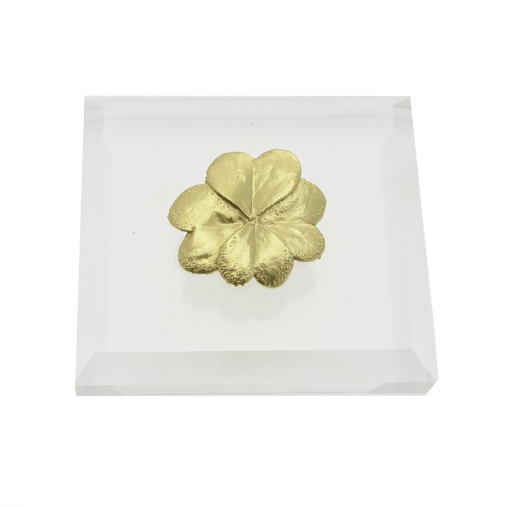 Four Leaf Clover Trefoil Pres papier  on plexiglass, 24K Gold vermeil on sterling silver  
